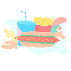 Fast food vector illustration. Fast-food of french fries, hot dog icon and soda drink illustration. Set of flat fast food.	
