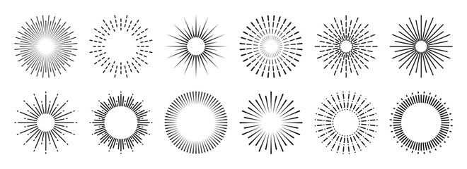 Vintage sunburst collection. Bursting sun rays. Fireworks. Logotype or lettering design element. Radial sunset beams. Vector illustration.