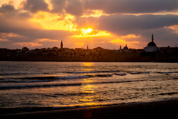 Fototapeta premium view of the historical part of the city of Acre, Israel, at pre-sunset time