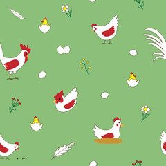 Cute seamless vector pattern with happy farm animals on meadow. Hand drawn poultry - hens, rooster and chickens on green background. Cartoon birds vector illustration for kids textile, scrapbooking
