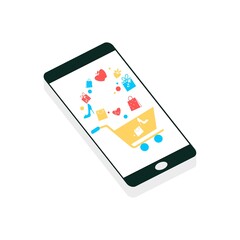 Global data sharing concept vector illustration using mobile smartphone to shopping online social networks. Flat smart phone for marketing concept, digital marketing and shopping campaign on mobile.