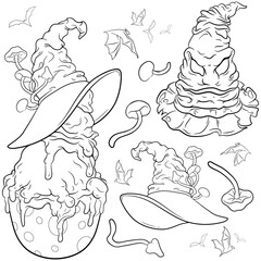 Tricky dessert with magic hats and small details vector line-art set. For your Halloween, costume party and other entertainment designs. Coloring book page. Change white to any color you please