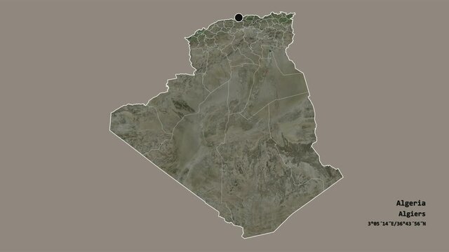 Tipaza, province of Algeria, with its capital, localized, outlined and zoomed with informative overlays on a satellite map in the Stereographic projection. Animation 3D