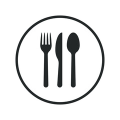 Fork knife and spoon icon. Round shape button logo. Simple flat restaurant or cafe place sign. Kitchen and diner menu symbol. Vector illustration image. Black silhouette isolated on white background.