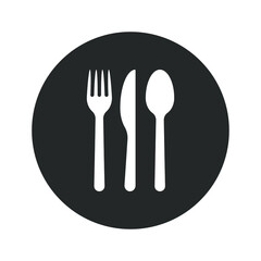 Fork knife and spoon icon. Round shape button logo. Simple flat restaurant or cafe place sign. Kitchen and diner menu symbol. Vector illustration image. Black silhouette isolated on white background.