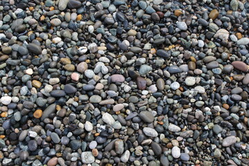 Grey black white brown pebbles stones on the beach background