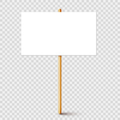 Blank protest sign with wooden holder. Realistic vector demonstration banner. Strike action cardboard placard mockup. - obrazy, fototapety, plakaty
