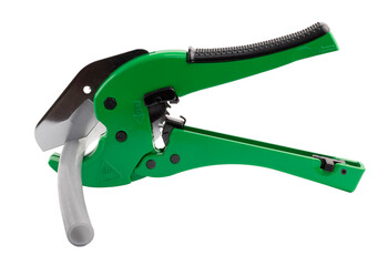 Manual plastic pipe shears cutting a plastic pipe. Isolated on white background.