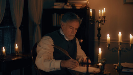 man in the 18th century thinking and writing a  letter
