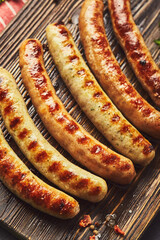 Tasty grilled pork sausages with spice and herbs on wooden cutting board in a close up view on black background. Top view, flat lay.