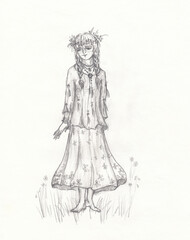 Fototapeta na wymiar Girl with flower wreath on her head in ethnic style. Hand drawn pencil sketch