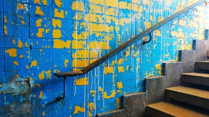 Retro vintage exit from the underpass of a staircase with a railing against the background of a...