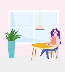 restaurant social distancing, woman eating fruits alone at table, prevention covid 19 coronavirus