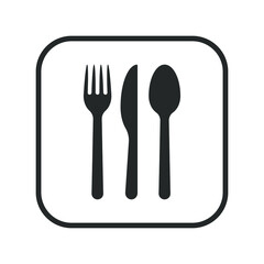 Fork knife and spoon icon. Square shape button logo. Simple flat restaurant or cafe place sign. Kitchen and diner menu symbol. Vector illustration image. Black silhouette isolated on white background.