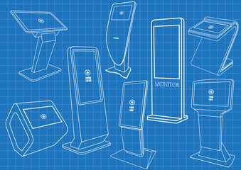Set of Blueprint of Promotional Interactive Information Kiosk, Advertising Display, Terminal Stand, Touch Screen Display. Mock Up Template.