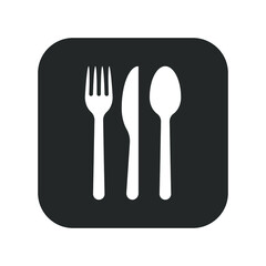 Fork knife and spoon icon. Square shape button logo. Simple flat restaurant or cafe place sign. Kitchen and diner menu symbol. Vector illustration image. Black silhouette isolated on white background.