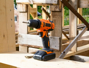 cordless screwdriver against the background of boards