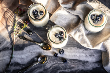 Vanilla pudding decorated with blueberries in glass jar on marble background.