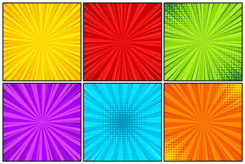 Cartoon comic backgrounds set. Comics book colorful poster with halftone elements. Retro Pop Art style. Vector illustration.