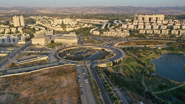 Modiin City Traffic Roundabout And Buildings, 
Sunset July, 2020, Israel