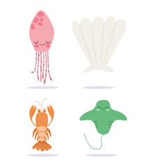 under the sea, lobster stingray jellyfish wide marine life landscape cartoon