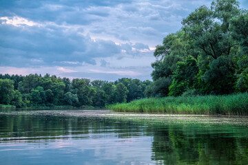 Warm summer evening over the Dnieper River in Eastern Europe, Ukraine