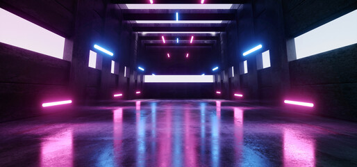 Large Sci Fi Futuristic Elegant Modern Warehouse Purple Blue Laser Beams Pillars Lights Glowing Windows concrete Grunge Tunnel Corridor Alien Spaceship 3D Rendering