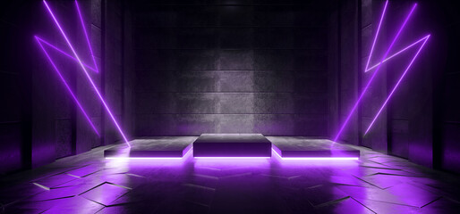 Futuristic Hangar Stage Neon Lasers Glowing Purple Podium Showcase Tiled Floor Concrete Floor Garage Thunder Bolt Shaped Lights  Cyber Warehouse 3D Rendering