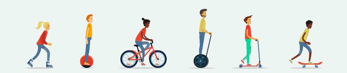 A set of flat design vector illustrations with young men and women rollerblading, riding a mono wheel, hover board, bicycle, rolling on push scooter, skateboarding. Summer leisure activity on vehicles © Alisa