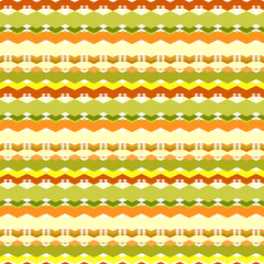 Seamless geometric pattern of horizontal colored zigzags, lines, borders and rhombuses. Warm yellow-orange with green color gamut.