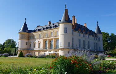 View of Rambouillet castle , XIV century, in picturesque Public Park in town of Rambouillet , 50 km southwest of Paris. France.