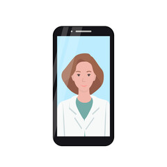 Cute female doctor on mobile phone screen. A young woman in a white coat is talking on a video call. Cartoon flat vector illustration