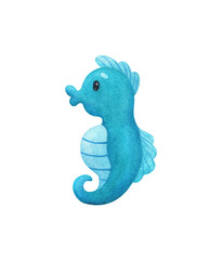 Obraz premium Blue seahorse. Cartoon image of a sea fish. Watercolor illustration isolated on a white background. Print in children's style.