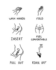 How to use menstrual cup vector instruction. Feminine hygiene reusable product illustration.