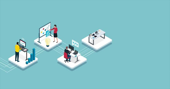 IT company professional roles infographic: finance management, project management, development, design, marketing and HR, isometric infographic