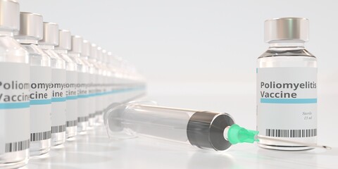 Glass vials with poliomyelitis vaccine and a syringe. 3D rendering