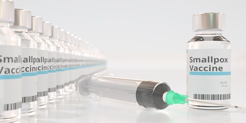 Vials with smallpox vaccine and syringe. 3D rendering
