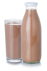 Chocolate milk drink shake milkshake glass and bottle isolated on white