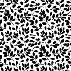 Leaves and branches vector seamless pattern. Black brush leaves and twigs. Olive branch modern ornament. Black ink texture with foliage. Hand drawn eucalyptus, laurel twig. Abstract plant motif