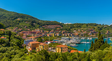 A view over La Grazie from the road to Porto Venere, Italy in the summertime