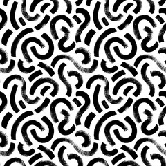 Fototapeta premium Black paint circular brush strokes vector seamless pattern. Hand drawn curved and wavy grunge lines. Chaotic ink brush scribbles decorative texture. Messy doodles, bold curvy lines illustration. 