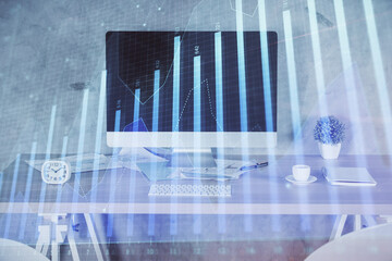 Multi exposure of financial graph drawing and office interior background. Concept of market analysis.