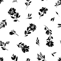 Seamless floral vector pattern with peonies, camomile or daisy. Hand drawn black paint illustration with abstract floral motif. Graphic hand drawn brush stroke botanical pattern. Leaves and blooms.