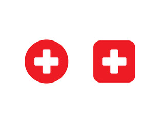 Fototapeta premium Red medical cross in circle and square. First aid sign. Hospital emblem. Emergency button. White plus icon in flat design. Isolated cross symbol. Pharmacy health care. Vector EPS 10.