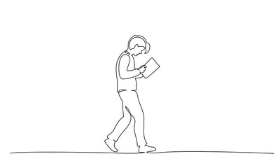 Young man walking on street with book. One line drawing