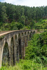 Fototapeta na wymiar Nine arches Bridge in highlands near Ella, Sri Lanka. Jungle and tea plantation all around. Portrait format