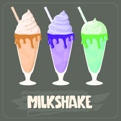 Multi-colored milkshakes with straws with different tastes on a gray background.