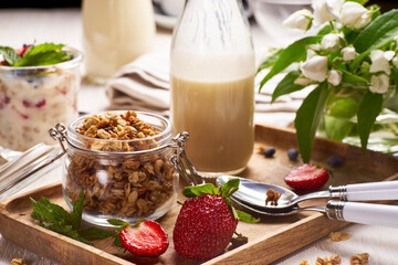 Ingredients for fresh summer dessert with yogurt and strawberries