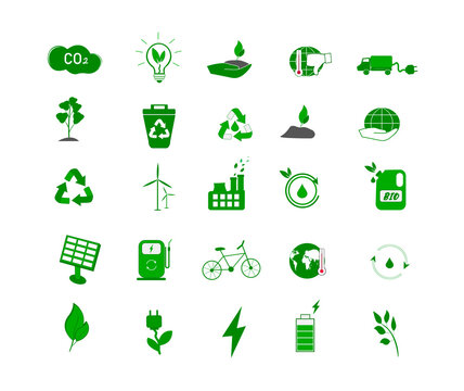 Collection of eco icons. Environmentally friendly waste, treatment of industrial effluents and emissions. Caring for the environment. Natural energy, solar panels, electric car. Vector image
