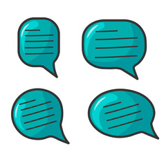 Set of speech icons in cartoon style. Chat icons in turquoise color, with written text inside. Bright, brilliant graphic elements with highlights and shadow. Vector image.
